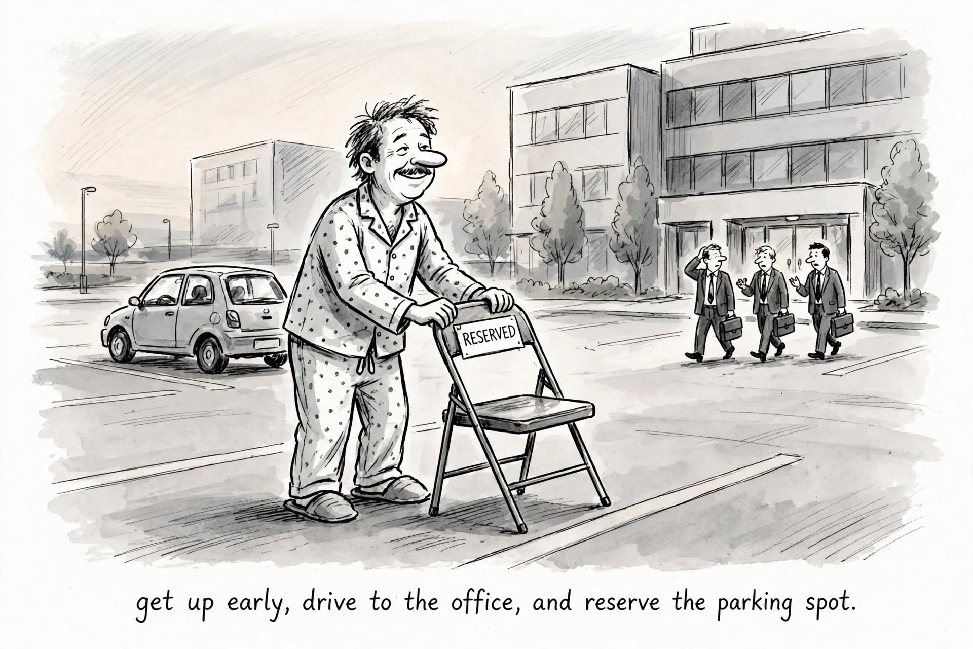 Single-panel office humor comic in black and white: a smiling man in pajamas holds a folding chair marked RESERVED in an office parking space while three suited coworkers look on. Caption: get up early, drive to the office, and reserve the parking spot.