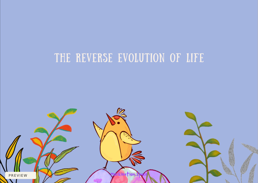 Readable reverse artwork of Being Alive: The Reverse Evolution of Life, with the original bird and small purple branding. Storefront preview.