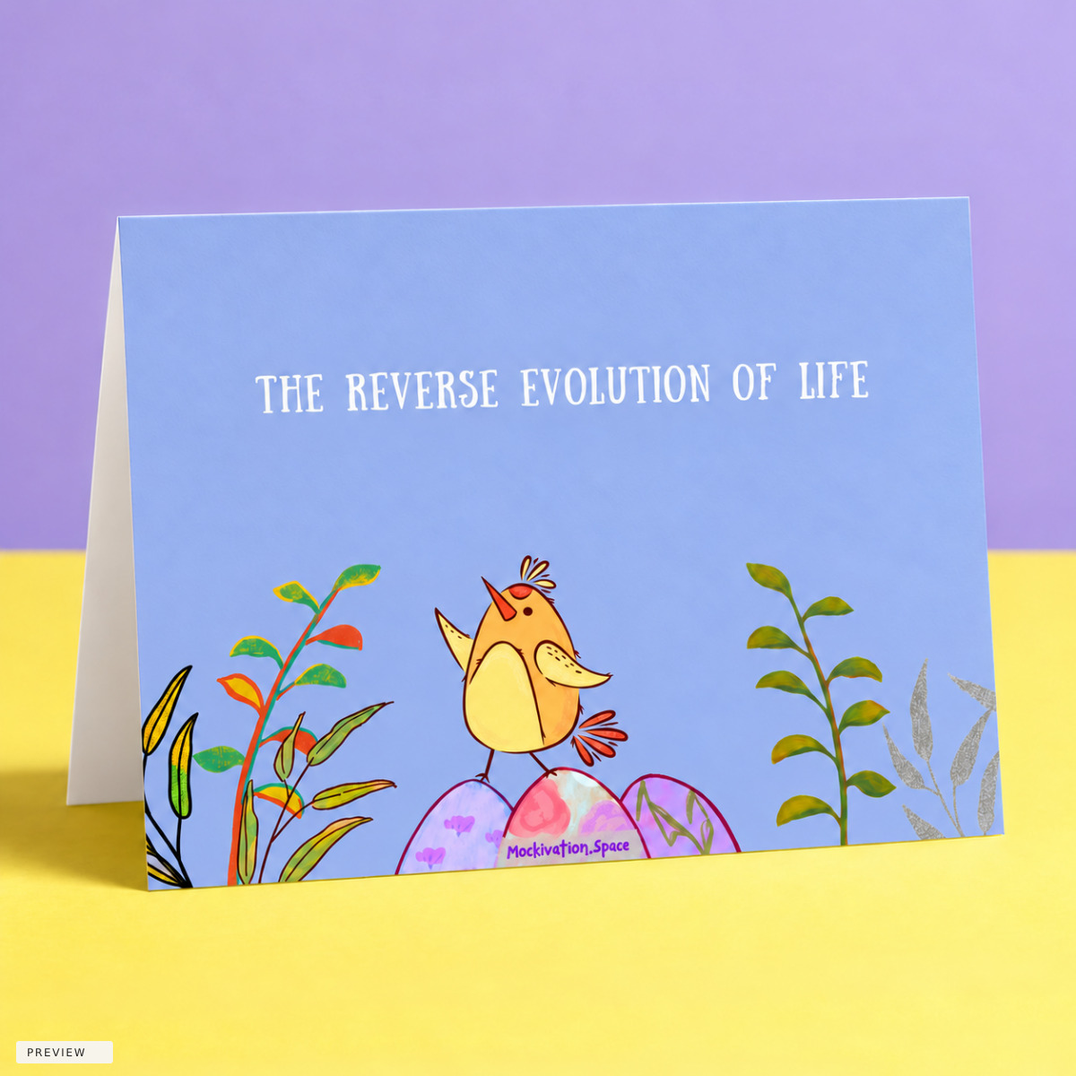 Being Alive card reverse with The Reverse Evolution of Life, the original bird and plants, and small purple Mockivation.Space branding without a background patch. Storefront preview.