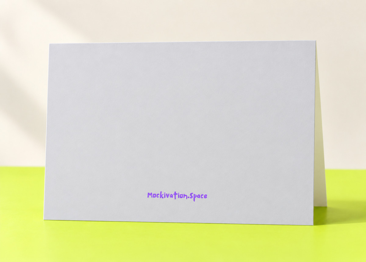 Reverse of the Birthday card with purple Mockivation.Space branding, shown on the matching fluorescent lemon-lime tabletop