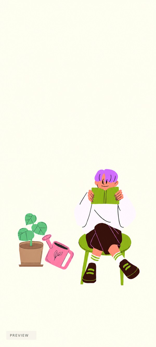 Habit artwork-only wallpaper with a reader, plant and watering can on a cream background