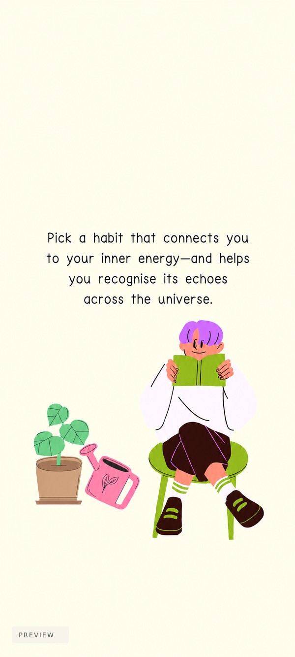 Complete Habit wallpaper with the approved quote, a purple-haired reader, green book, plant and pink watering can