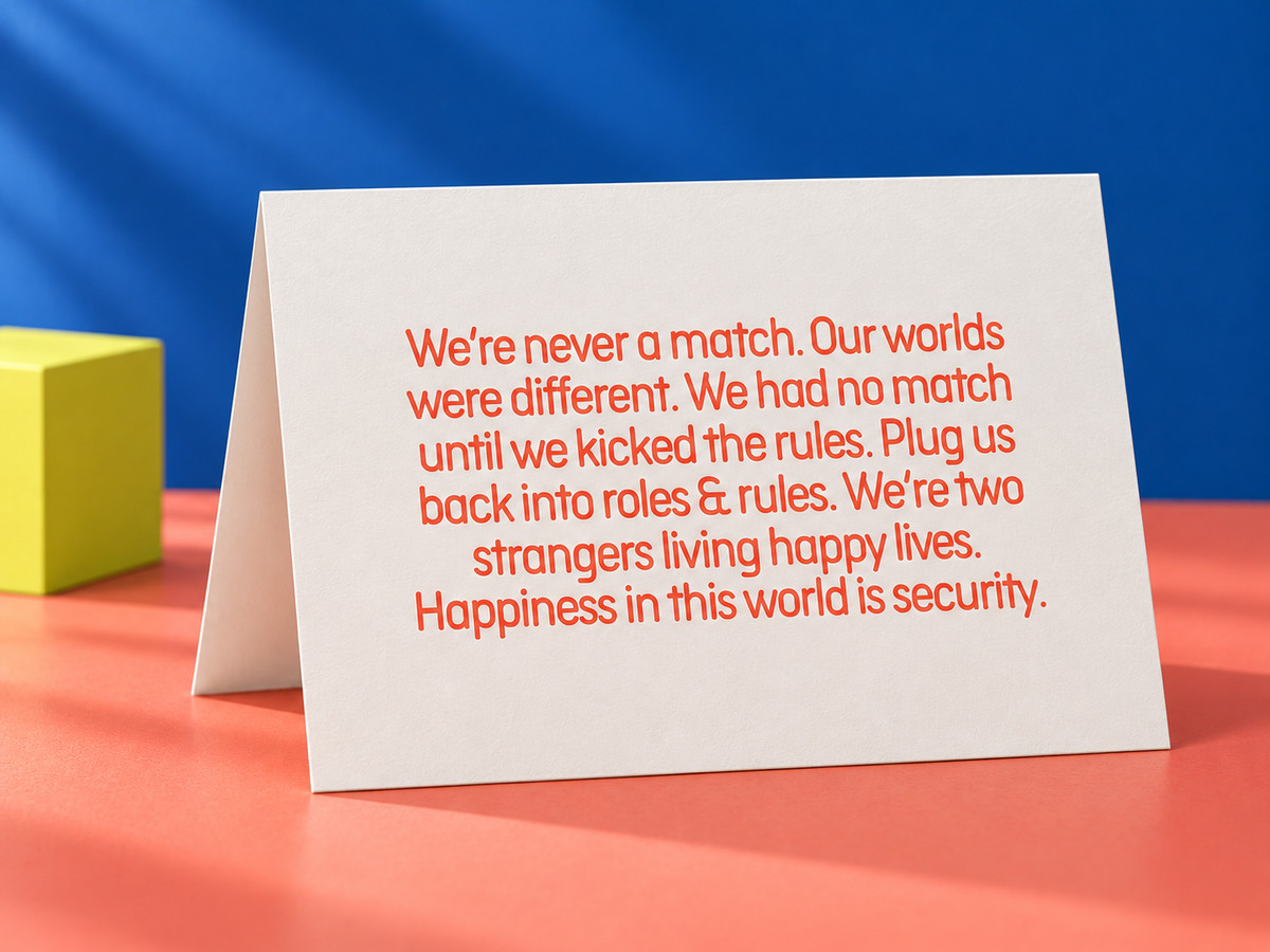Original reverse artwork of the Our Hearts Thrashed the Rules card in the matching vibrant studio setting