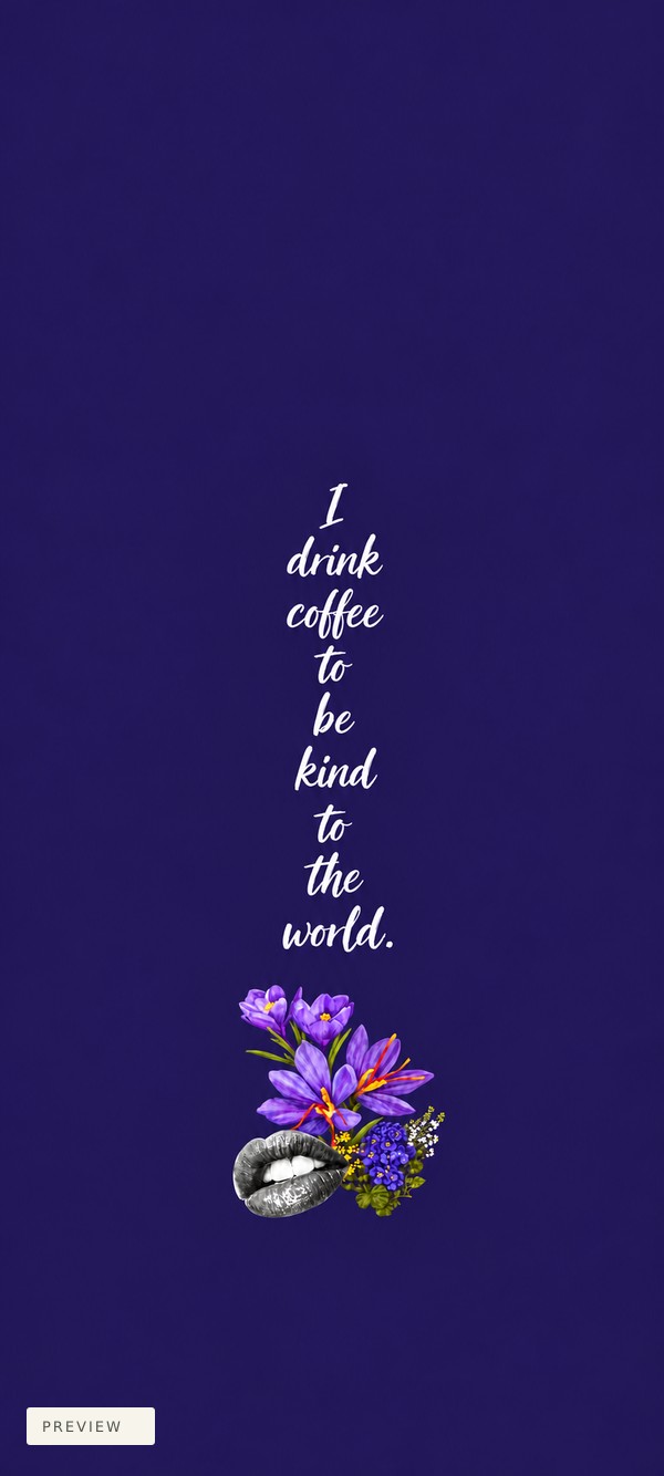 Kindness wallpaper with white brush-script words arranged one per row above purple flowers and monochrome lips