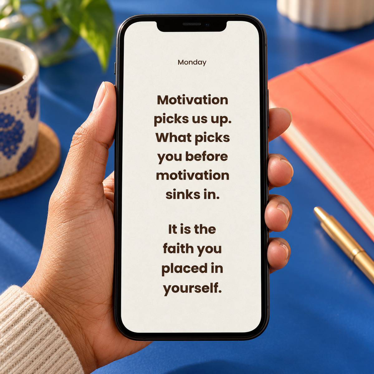 Monday complete-message wallpaper on a phone held in a hand