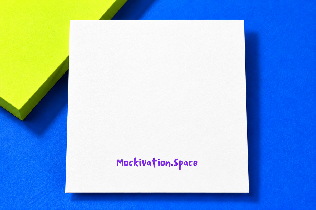 Reverse of the 3 × 3-inch white square note card with purple Mockivation.Space signature branding, on the matching cobalt and lemon-lime backdrop