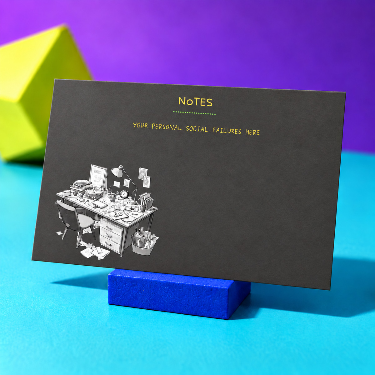Social Skills reverse with yellow NoTES heading and personal social failures prompt, on turquoise against violet