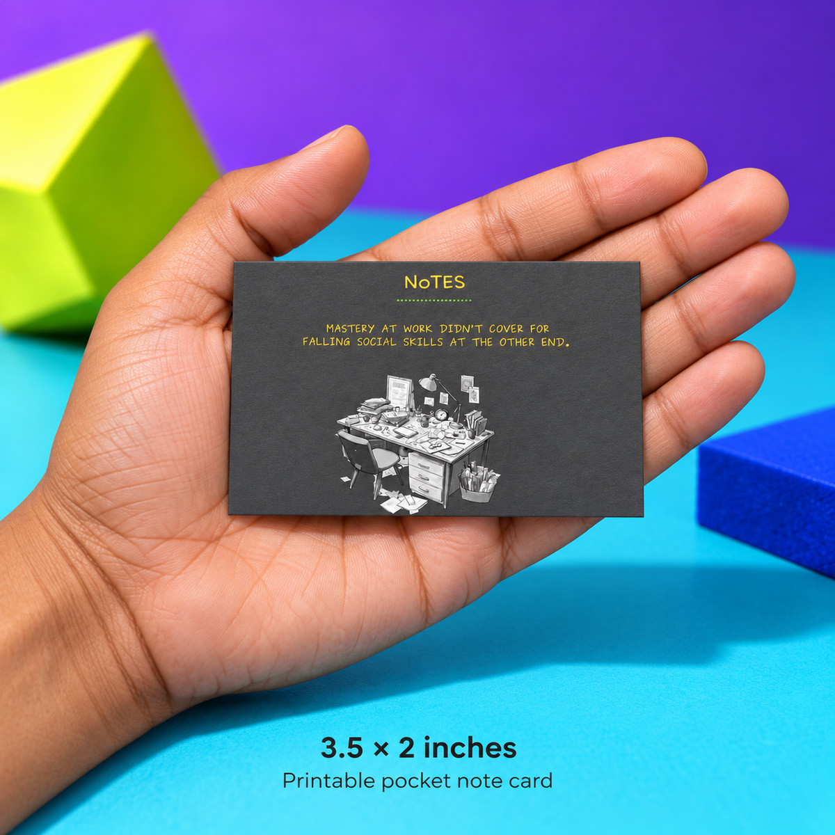 Social Skills 3.5 × 2-inch landscape pocket note card shown in an adult hand for scale