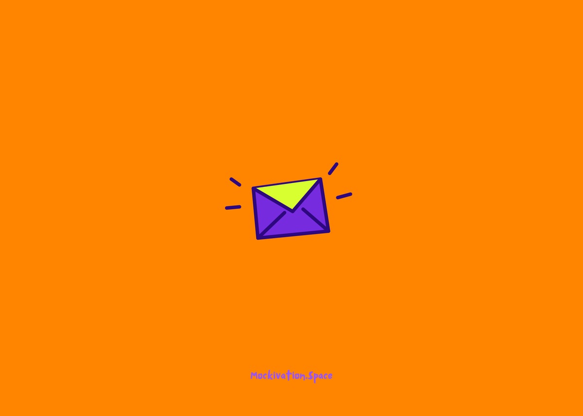 Spam printable card reverse with matching tangerine background, a small violet-and-lime envelope and the approved purple Mockivation.Space wordmark near the bottom.