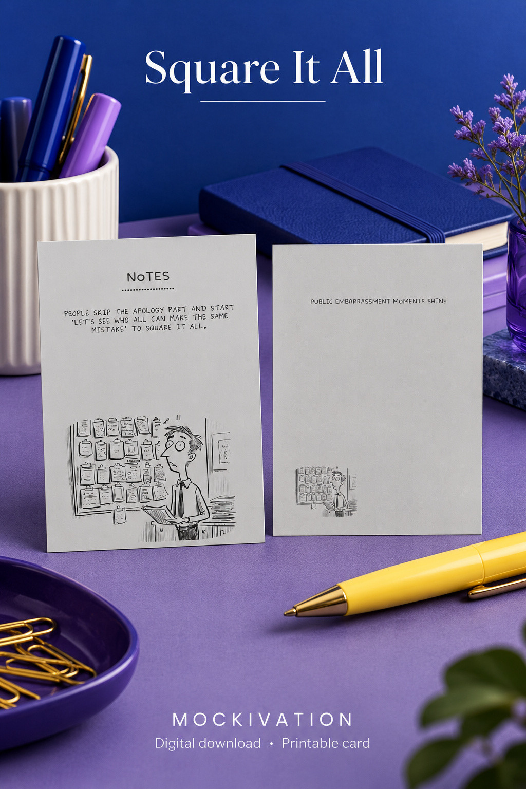 Square It All grey pocket note card in a cobalt and violet desk setting