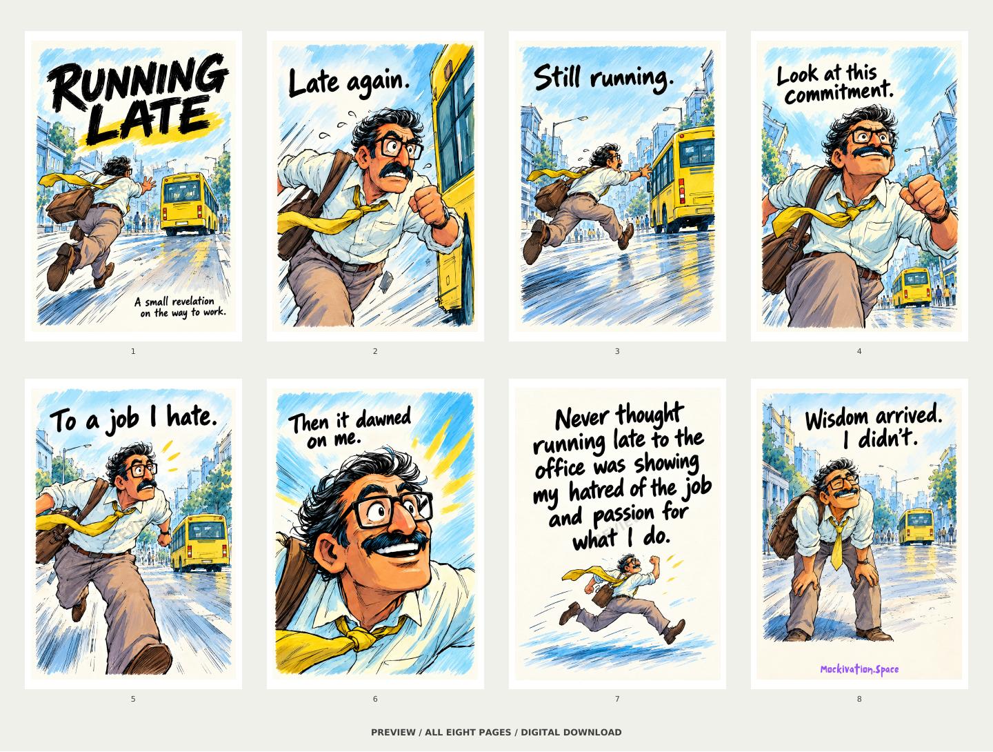 All eight Running Late mini-zine pages in reading order, including the complete signature sentence on page seven and Wisdom arrived. I didn’t. on the reverse. Watermarked preview.