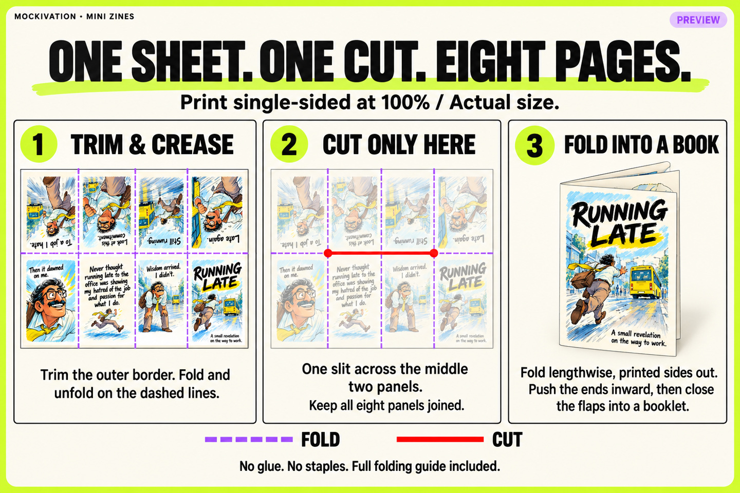 Running Late cut-and-fold gallery mockup in Mockivation lime and purple: trim and crease eight panels, cut only the red centre slit, then fold into a booklet. Full guide included.